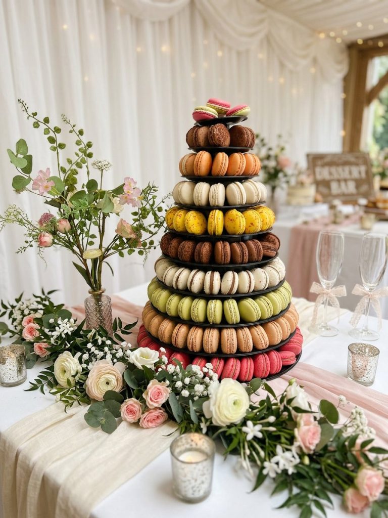 Pièce montée de macarons colorés pour une réception
